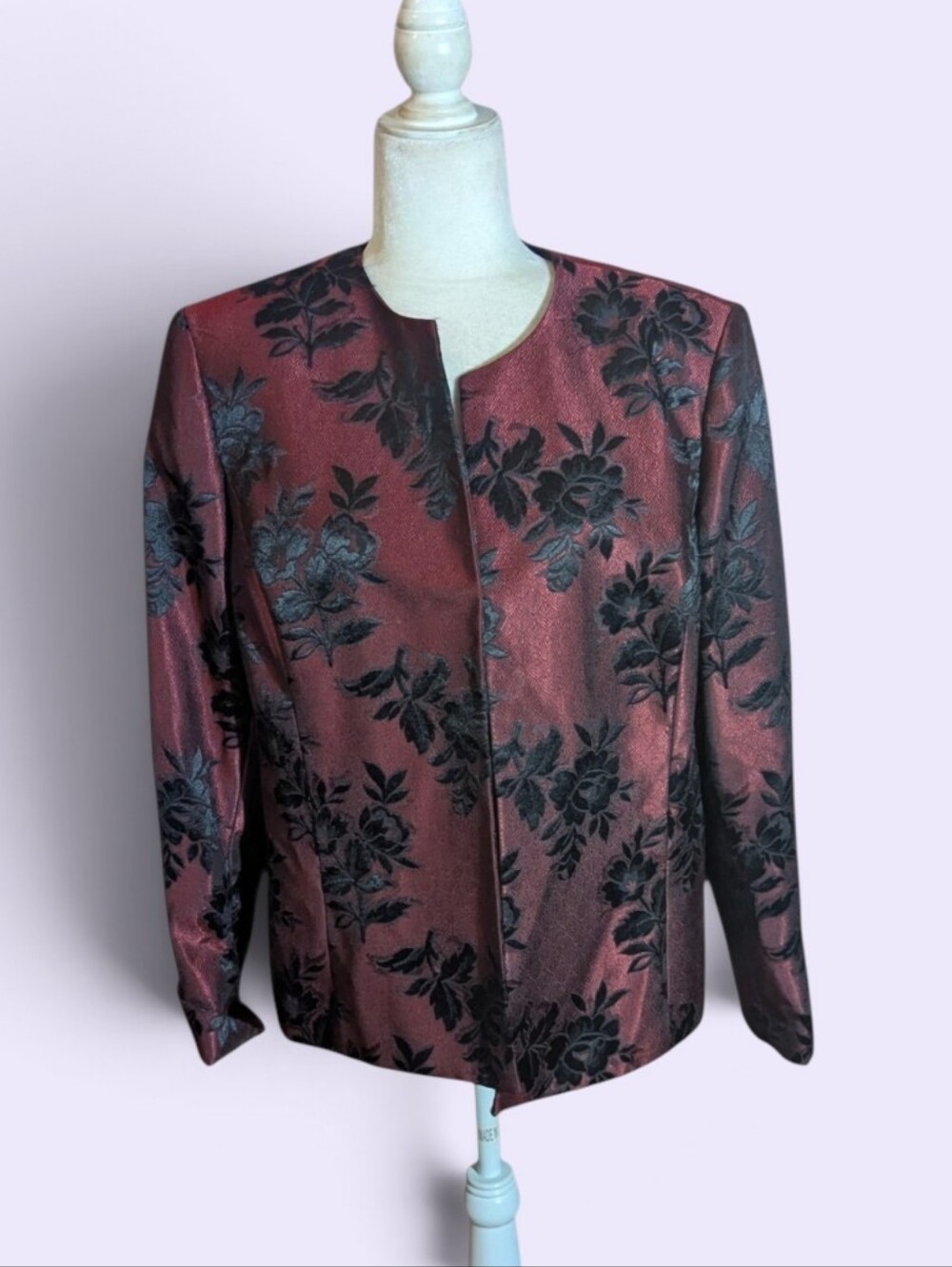 Nipon Boutique Burgundy/Black Jacquard Brocade Designer Tapestry Blazer Sz 16